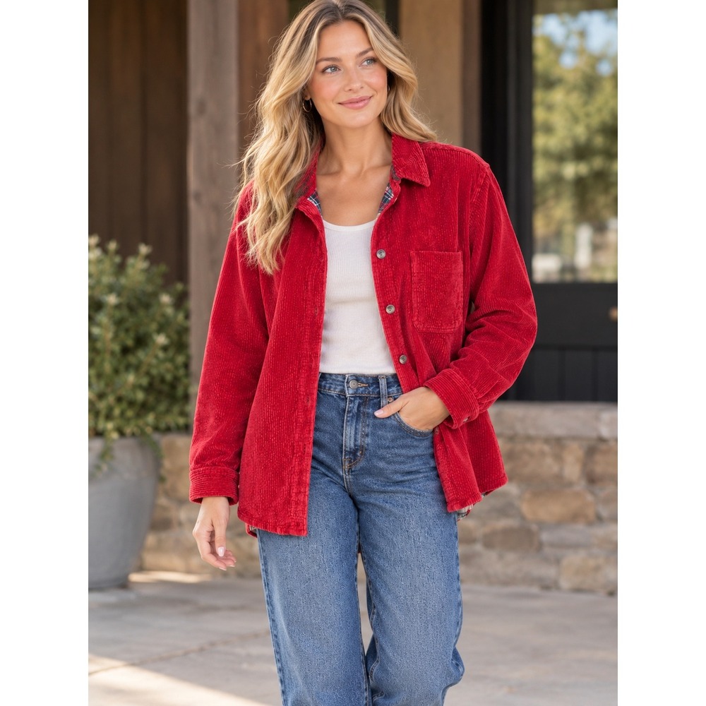 LL Bean Red Corduroy Flannel Lined Shirt Jacket XL Petite Wide Wale Button Up